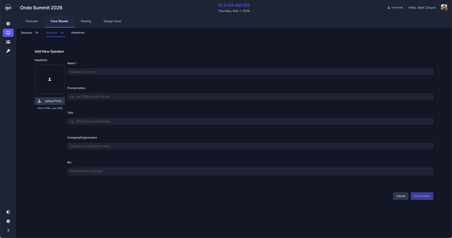 Add Speaker form showing name, pronunciation, title, company, bio, and headshot fields