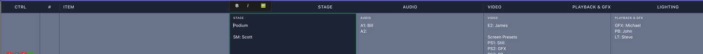 Column header row showing the B/I/color rich text formatting toolbar