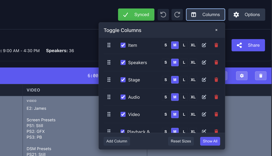 Toggle Columns panel showing column options and sizing