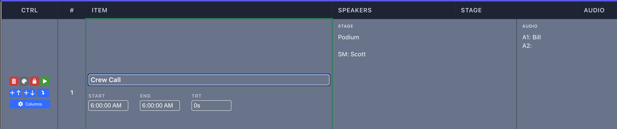 ShowCall cue timing fields showing start, end, and duration with live over/under tracking