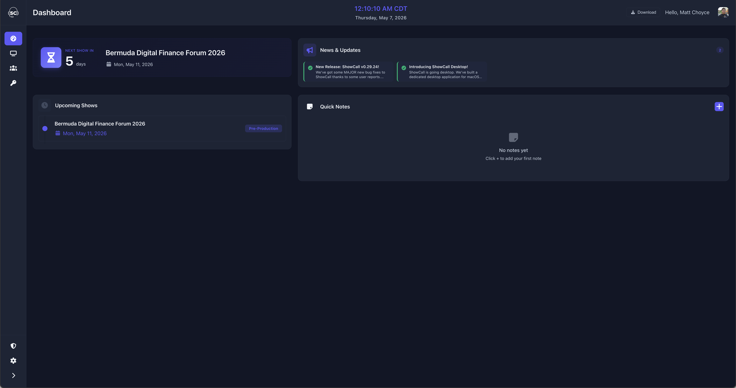 ShowCall dashboard — overview of shows and recent activity