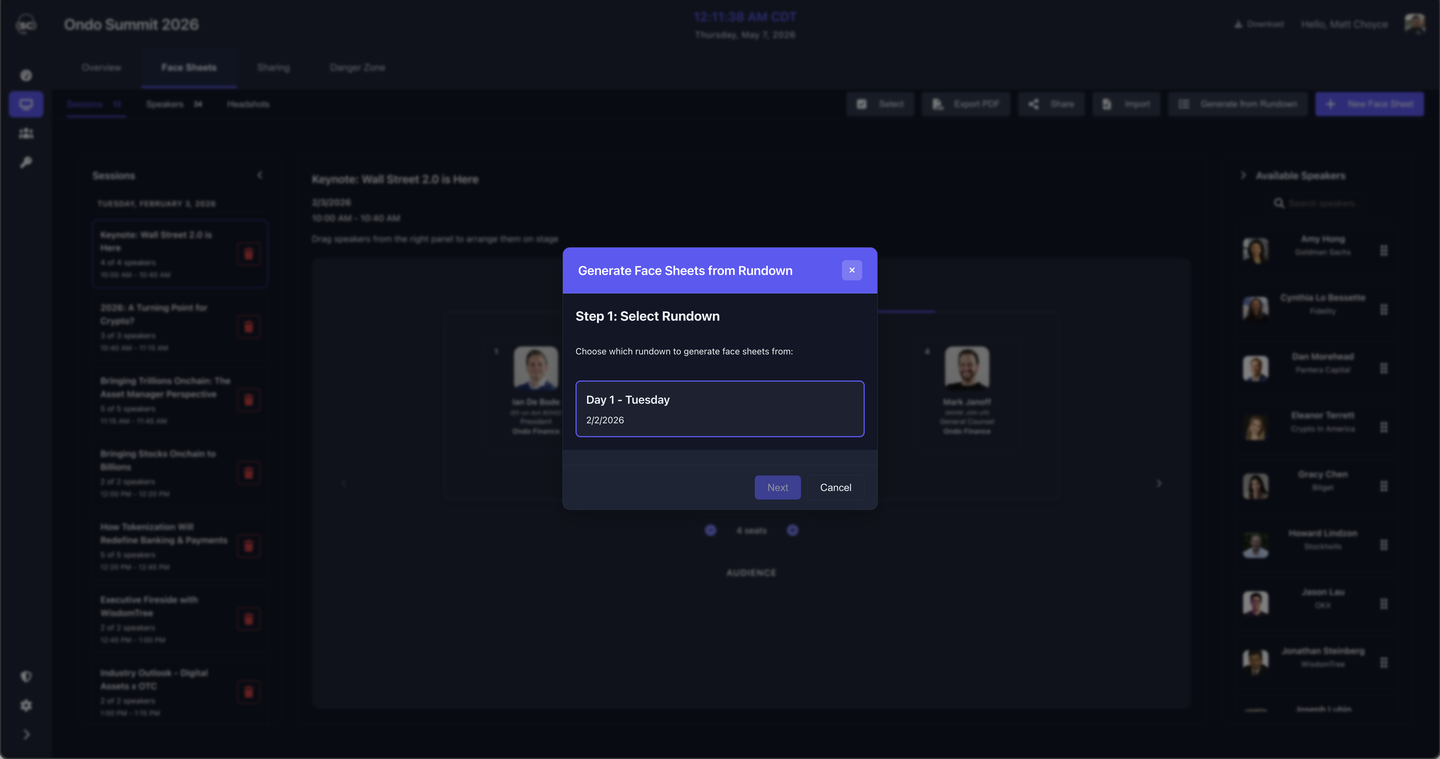 Generate Face Sheets modal step 1 — select a rundown from the list