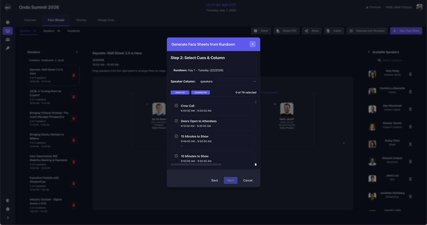 Generate Face Sheets modal step 2 — cue selection checklist and column picker