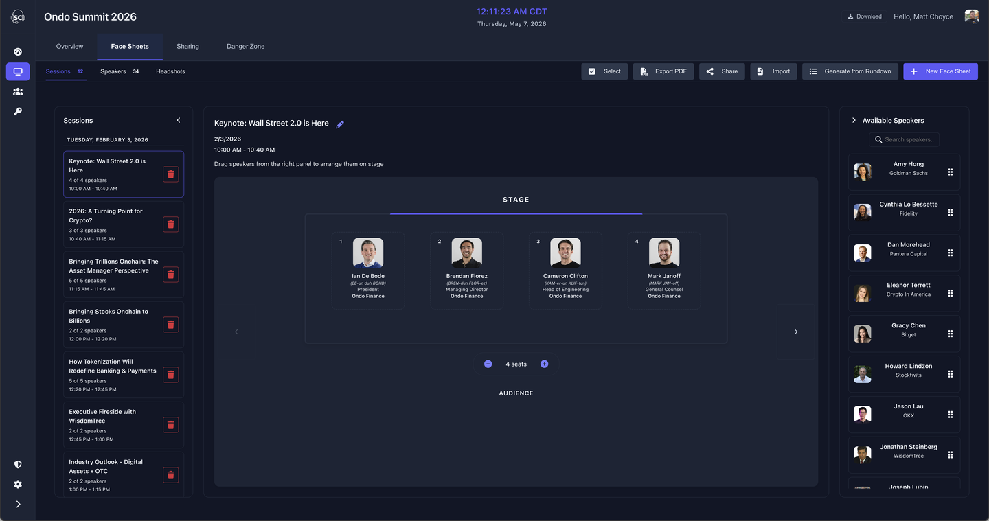 Face sheets stage layout editor showing headshot cards arranged in a row representing on-stage positions