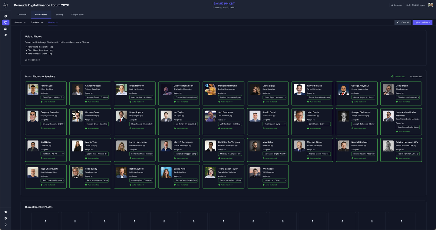 Match Photos to Speakers review showing matched and unmatched headshot cards with speaker assignment dropdowns