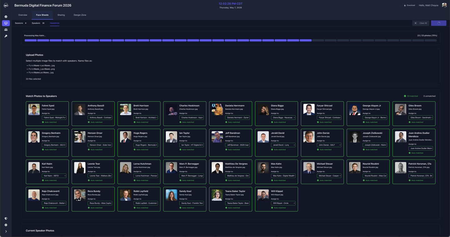 Headshots tab showing current speaker photos with has-photo and no-photo status indicators