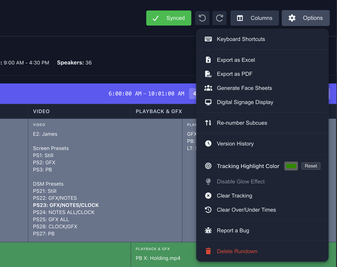 Rundown options menu open