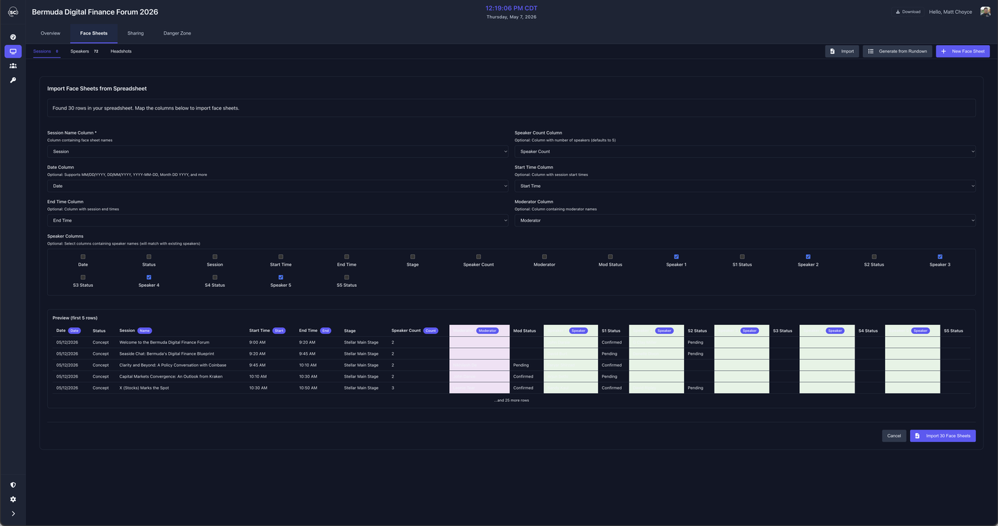 Import Sessions form showing column mapping and a preview grid of sessions to be created