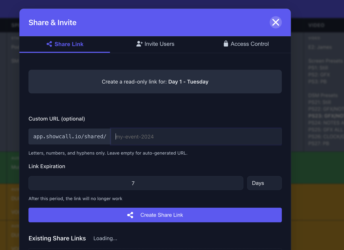 Share & Invite dialog with share link creation