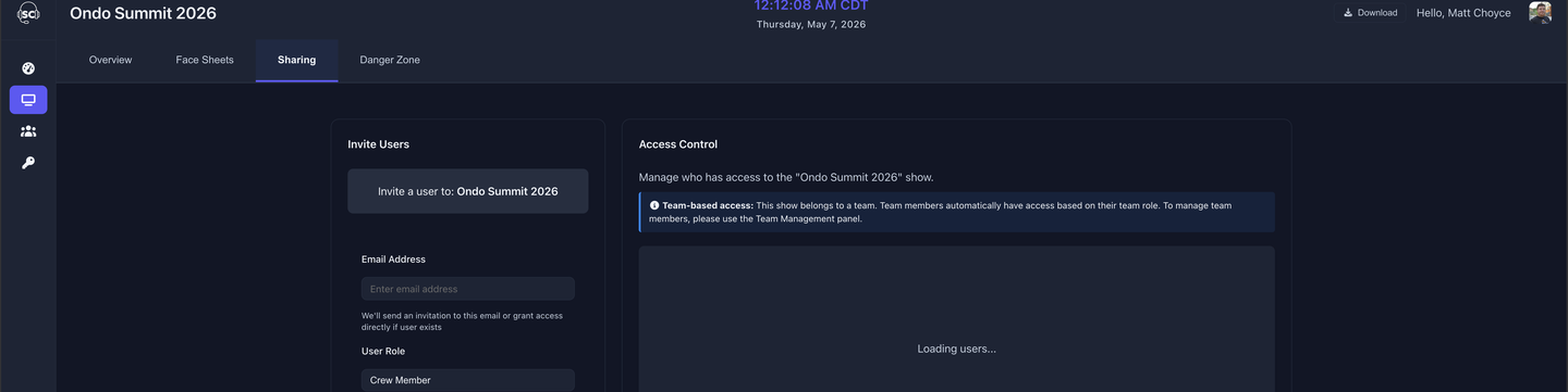 Sharing tab showing Invite Users form and Access Control panel