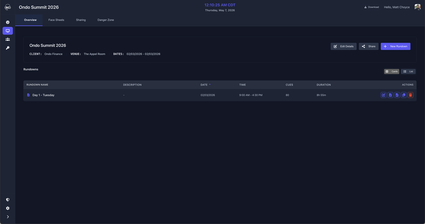 Show detail page with rundowns listed