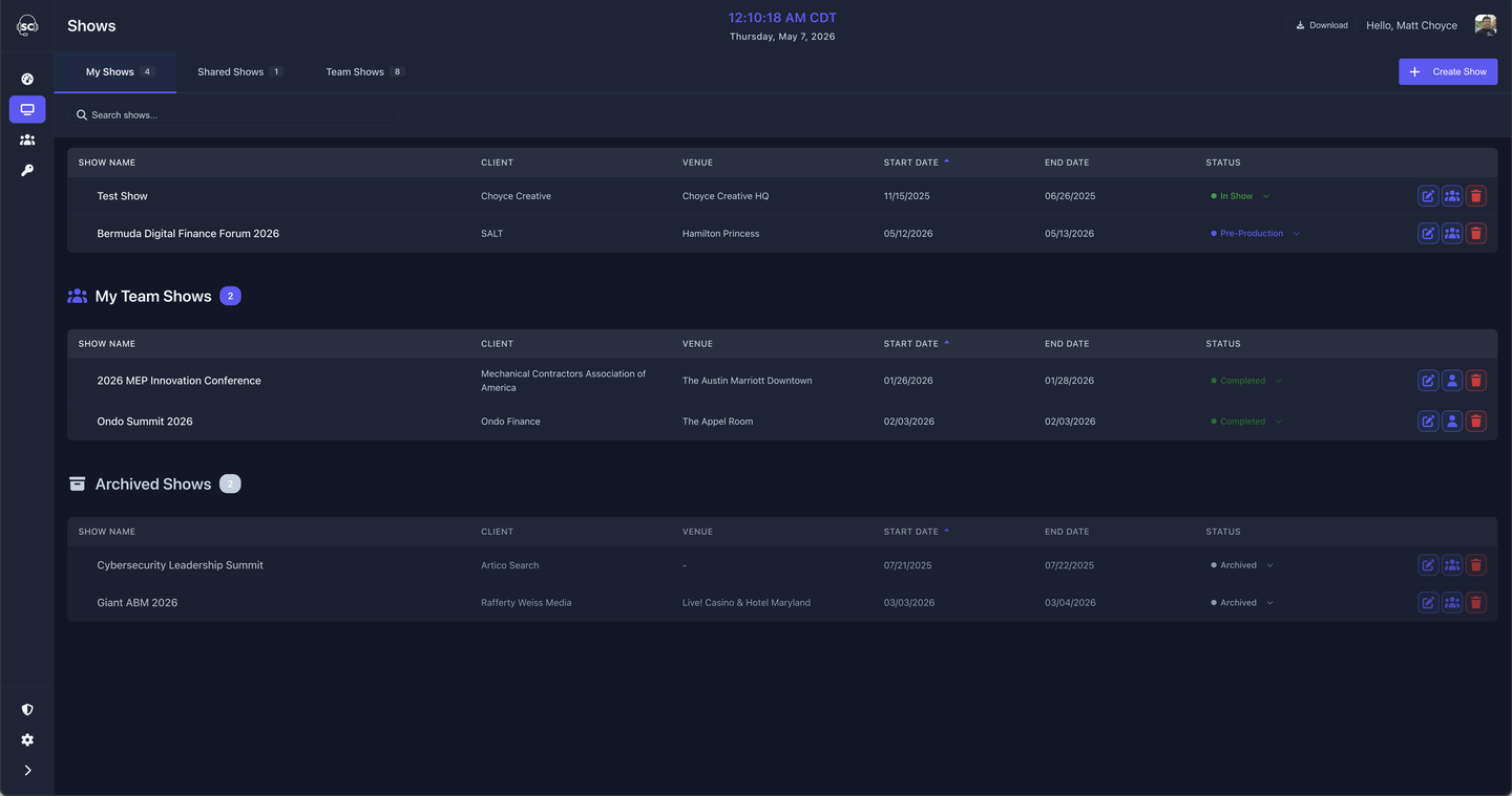ShowCall shows list