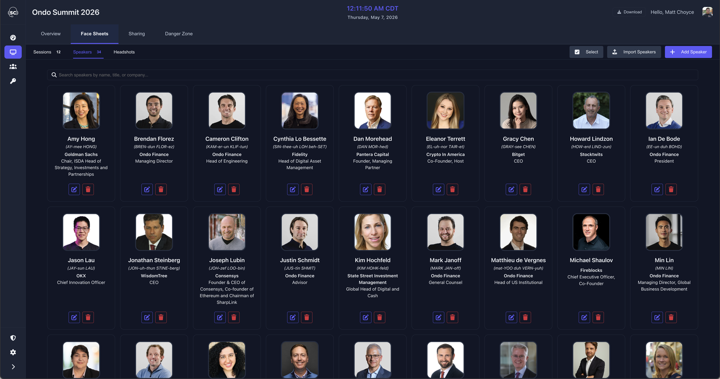 Speakers grid showing headshot thumbnails for multiple speakers